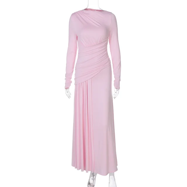 Elegant Slim Pleated Zipper Round neck Long sleeved Dress Pink - Shop at LoveMi