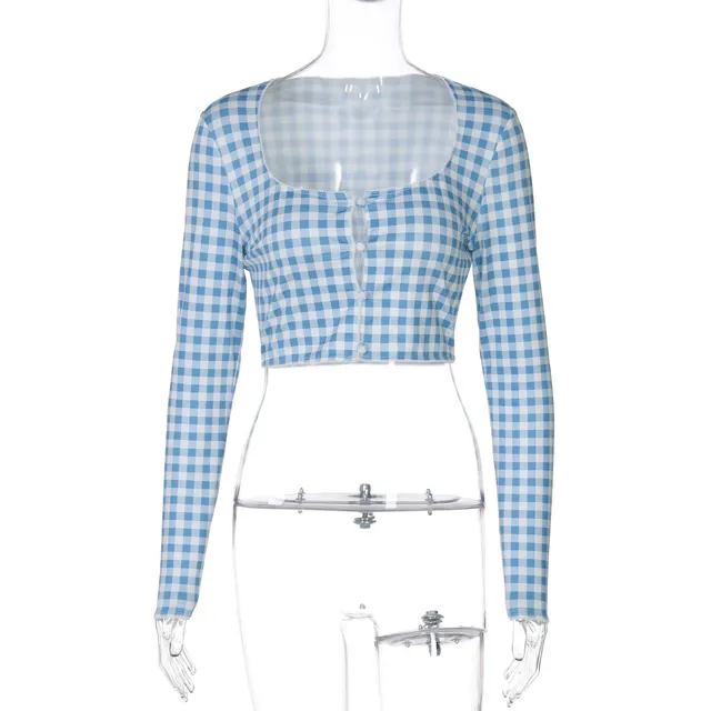 Plaid Printed Cardigan Breasted Slim Long Sleeve Top Blue - Shop at LoveMi