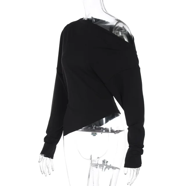 Women's Fashion Simple Shoulder Stretch Slim Fit Slit Long Sleeve Top Black - Shop at LoveMi