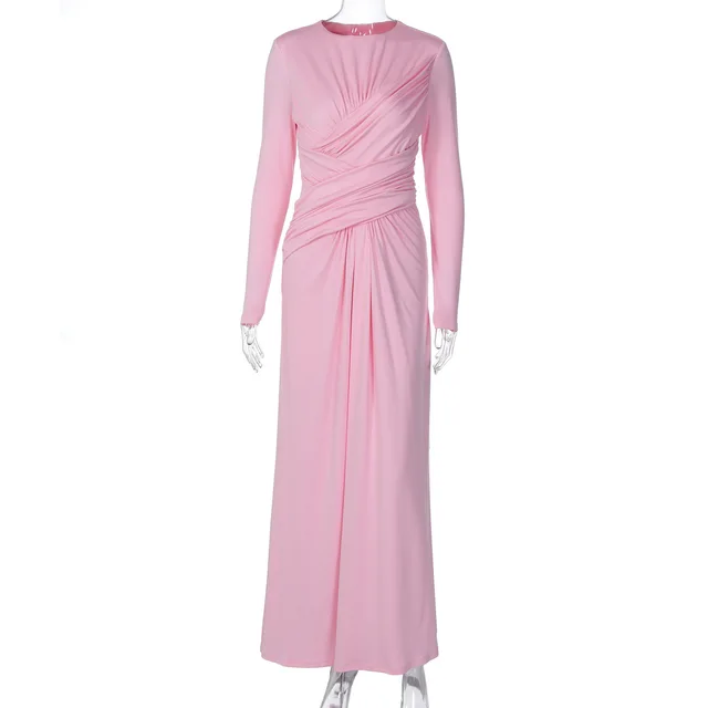 Fashion Temperament Slim Cross Round neck Long sleeved Dress Pink - Shop at LoveMi