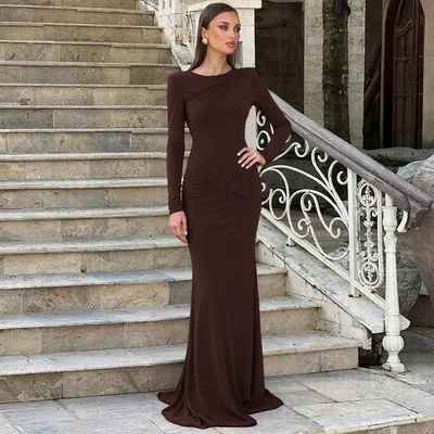 Sexy Backless Elegant Slim fit Long Sleeve Sheath Dress For Women Brown - Shop at LoveMi