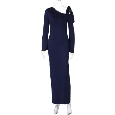 Sexy Off the shoulder Waist Split Long Sleeve Dress Dark Blue - Shop at LoveMi