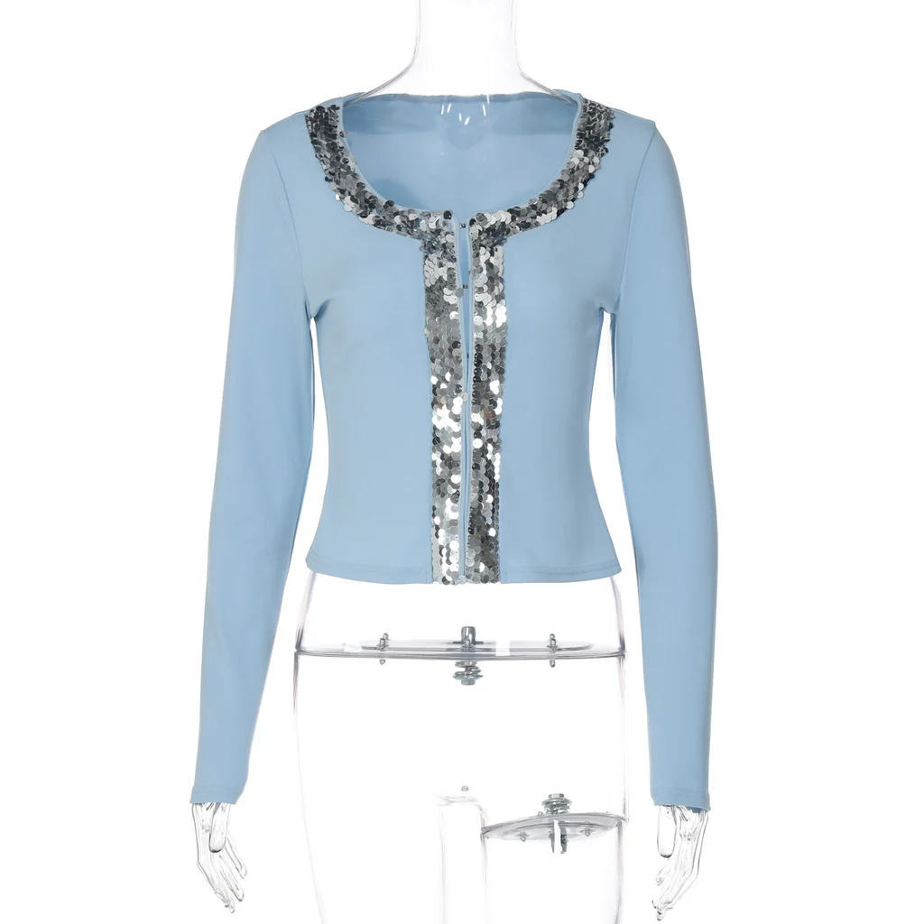 Fashionable Sequins Slim FitFlattering Knit Cardigan Breasted All-match Top - Sky Blue