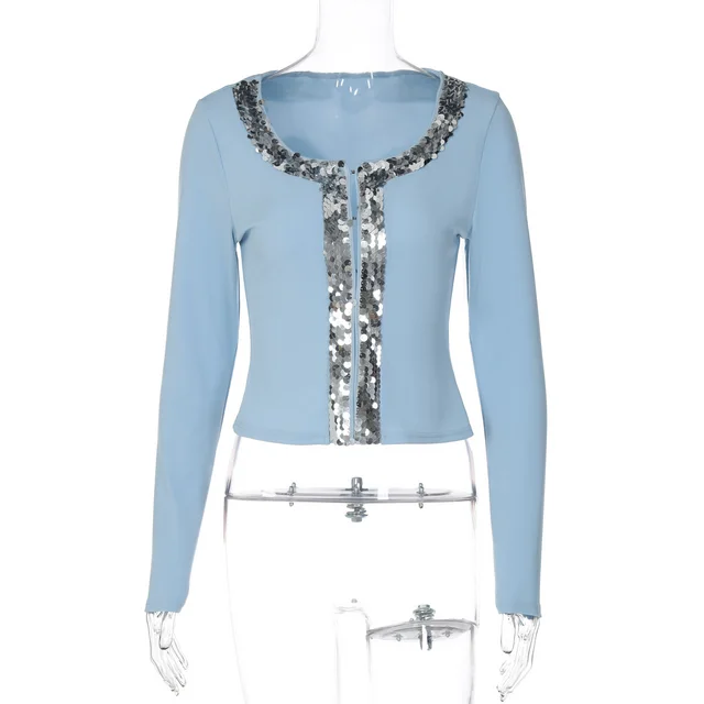 Fashionable Sequins Slim FitFlattering Knit Cardigan Breasted All match Top Sky Blue - Shop at LoveMi