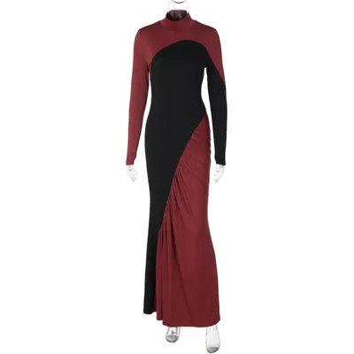 Fashionable Slim fit Turtleneck Design Long Sleeve Contrasting color Dress Brick Red - Shop at LoveMi