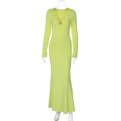 Solid Color High Waist Temperament Long Sleeve Dress Green - Shop at LoveMi