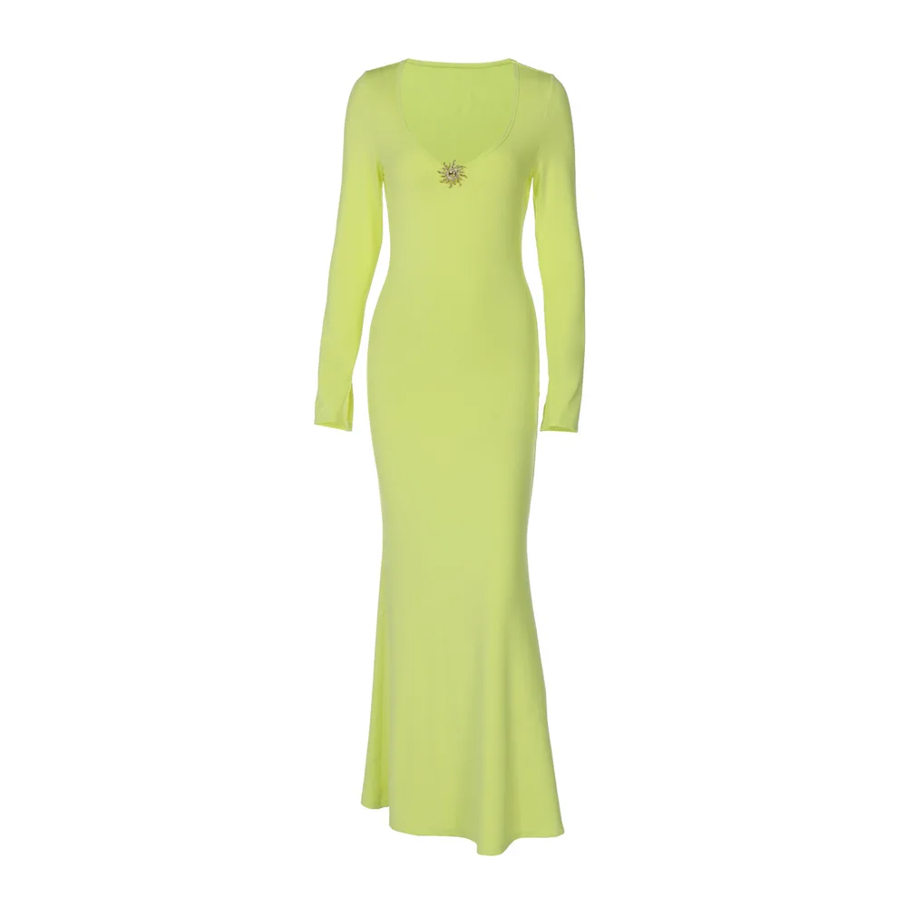 Solid Color High Waist Temperament Long Sleeve Dress Green - Shop at LoveMi