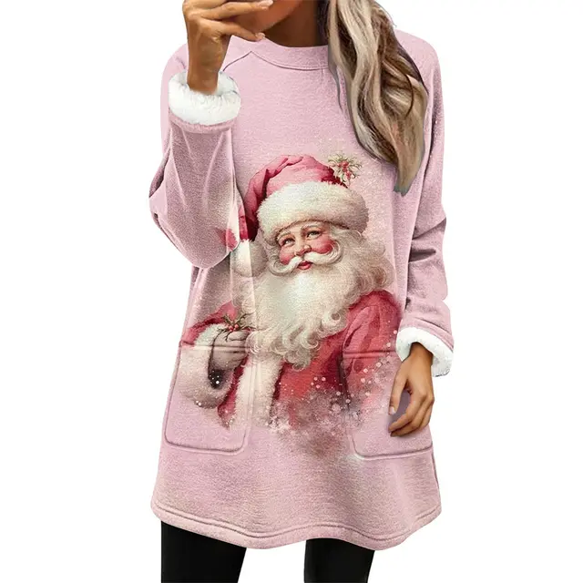Snowman Digital Printing Casual Wide sleeved Velvet Loose Sweater Pink Santa Claus - Shop at LoveMi