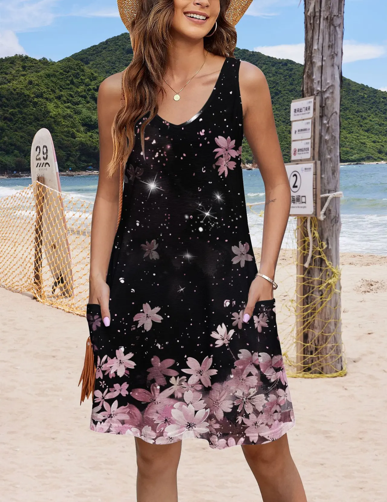 Single-sided Printed Pocket Vest Sleeveless Dress - Black Background Pink
