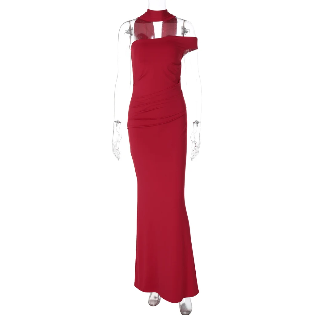 Women's Slim Fit Backless Ribbon One-shoulder Tube Top Dress - Red