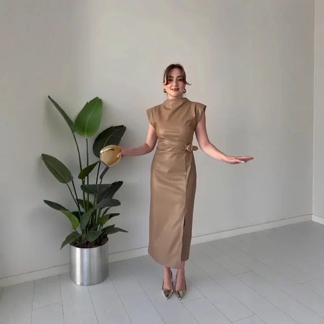 Waist tight Sexy Round Neck Casual Dress Khaki - Shop at LoveMi