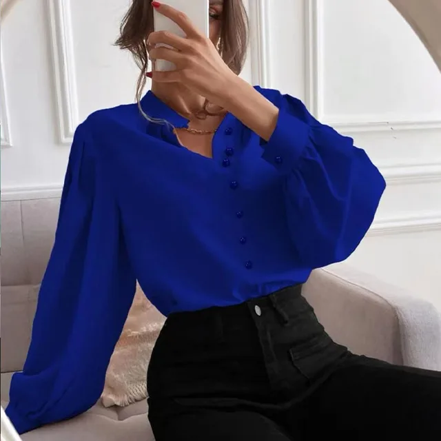 Women's Long sleeved Single row Button Loose Top Blue - Shop at LoveMi