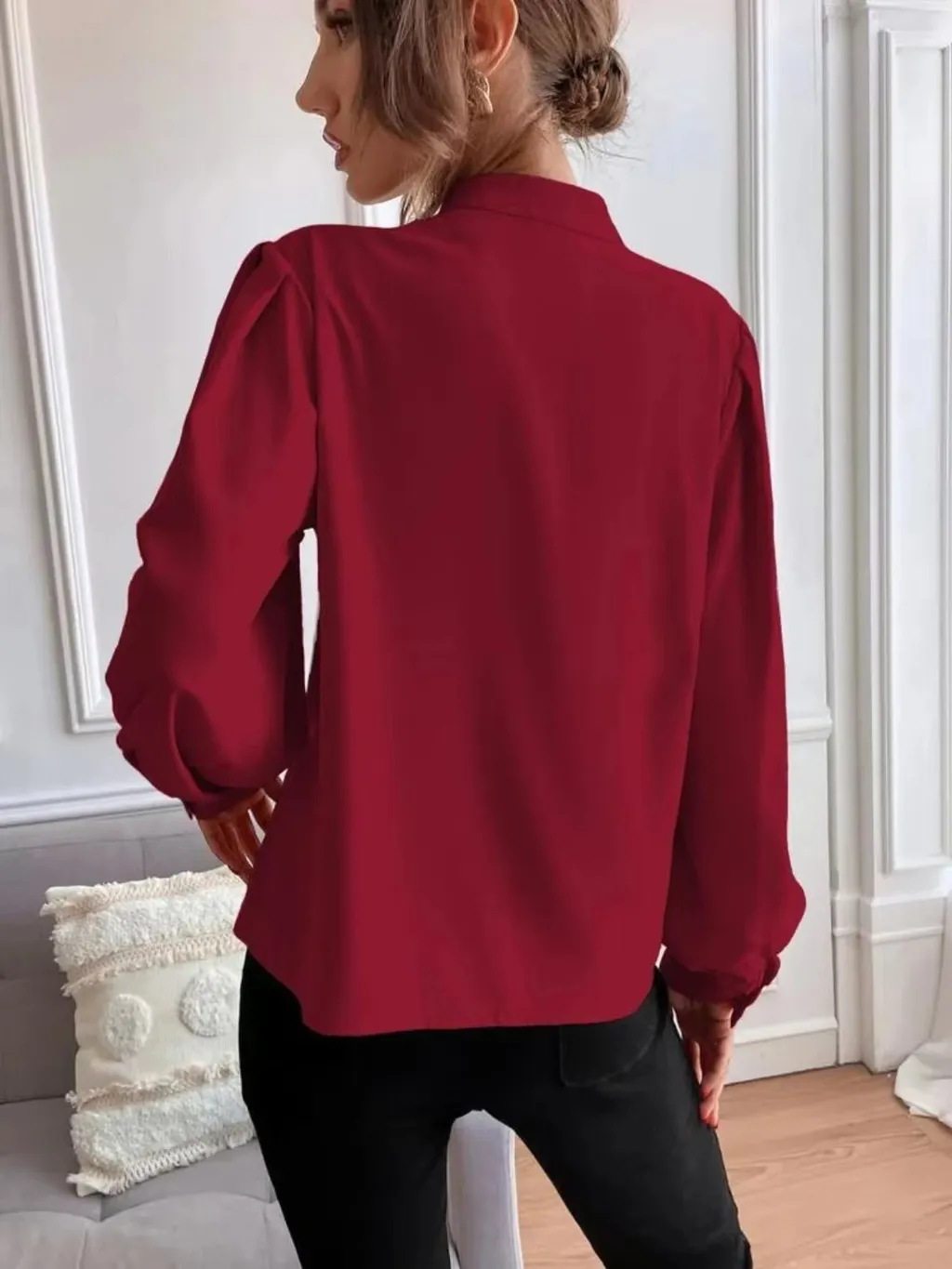 Women's Long-sleeved Single-row Button Loose Top - Wine Red