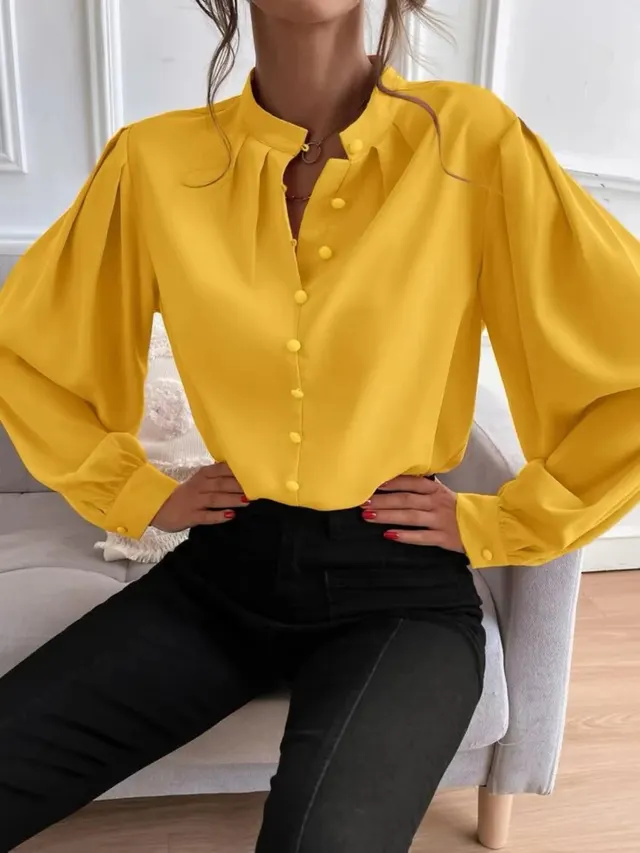 Women's Long sleeved Single row Button Loose Top Yellow - Shop at LoveMi