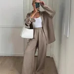 Loose Profile Long Sleeve Shirt High Waist Drooping Wide Leg Pants Two-piece Set - Camel