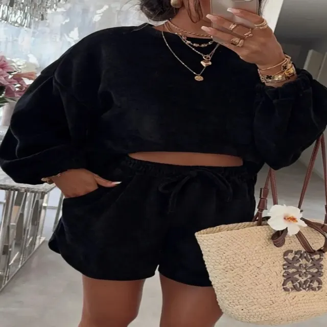 Textured Knit Drop Shoulder Pullover Drawstring Shorts Set Black - Shop at LoveMi