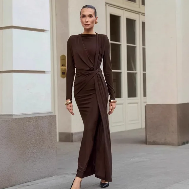 Brown Round Neck Knitted Dress For Women Autumn Design Sense Brown - Shop at LoveMi