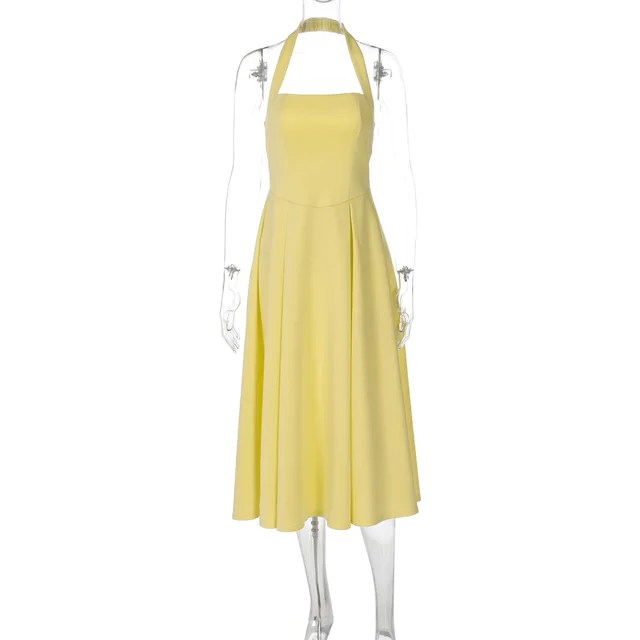 Women's Fashion Sexy Temperament High Waist Halter Tube Top Dress Yellow - Shop at LoveMi