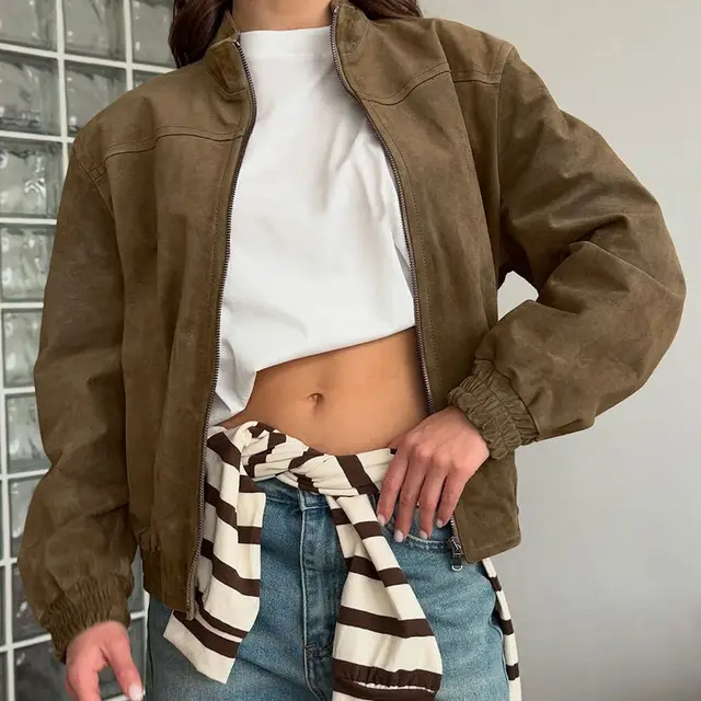 Personality Street Long Sleeve Stand Collar Jacket Khaki - Shop at LoveMi