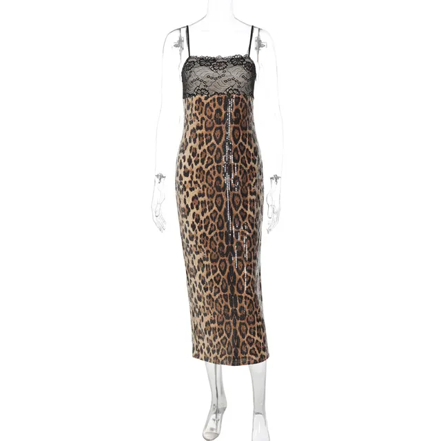Fashion Lace Patchwork Slit Bandeau Sling Leopard Print Dress Leopard Print Multi - Shop at LoveMi