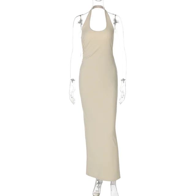Women's Fashion Sexy Halter Backless Slit Solid Color Slim Dress Apricot - Shop at LoveMi