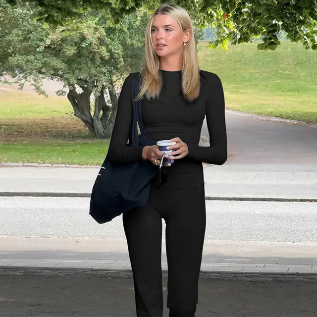 Fashion Casual Crew Neck Top Slim High Waist Bootcut Pants Solid Color Suit Black - Shop at LoveMi