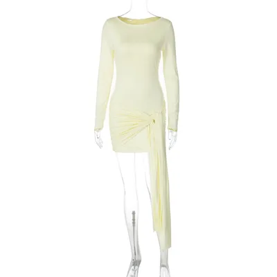 Fashion Sexy Slim Waist Streamer Round neck Long sleeved Dress Yellow - Shop at LoveMi
