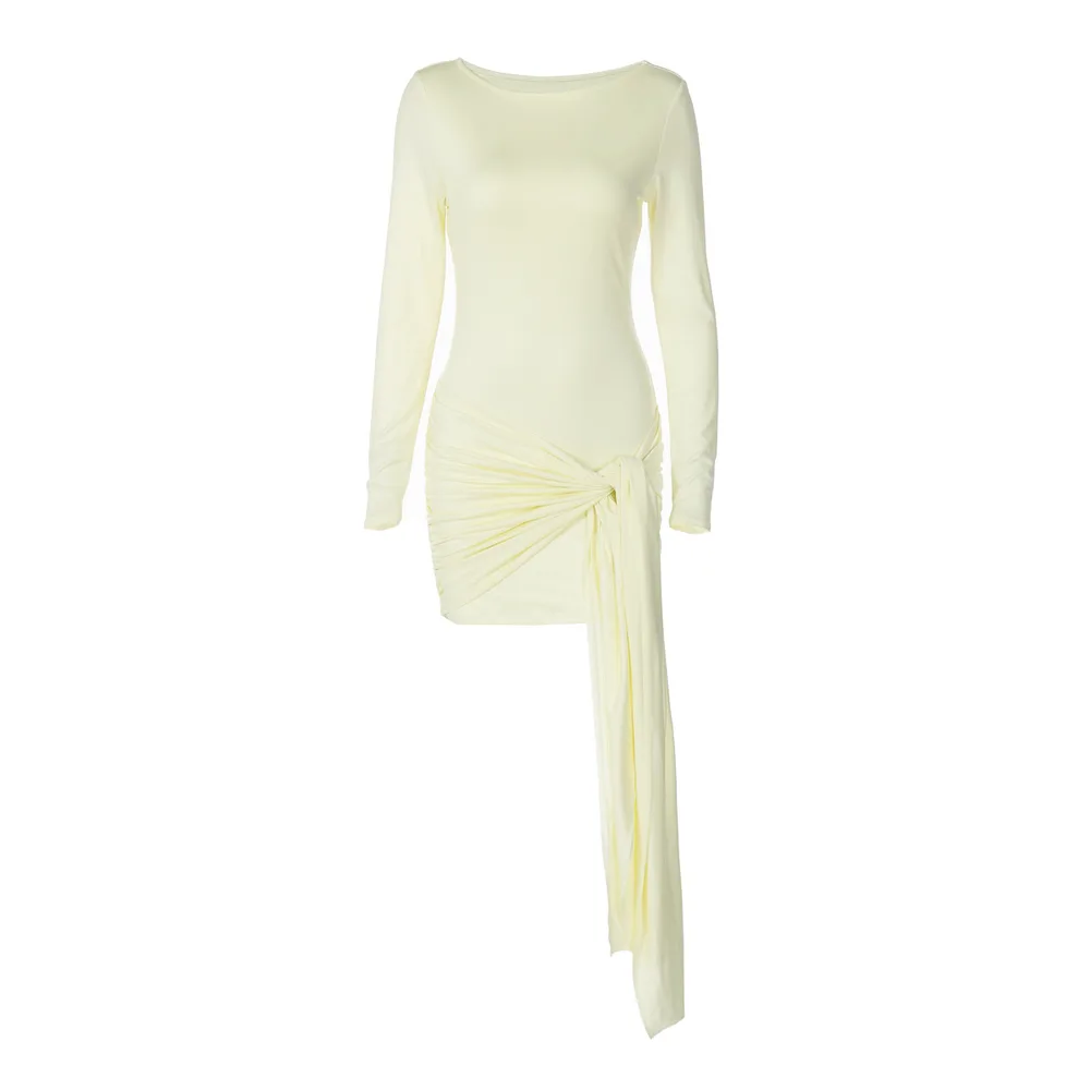 Fashion Sexy Slim Waist Streamer Round neck Long sleeved Dress Yellow - Shop at LoveMi