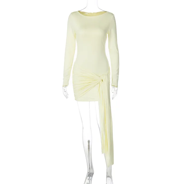Fashion Sexy Slim Waist Streamer Round neck Long sleeved Dress Yellow - Shop at LoveMi