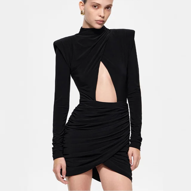 Cross border European And American Autumn And Winter New Fashion Temperament Half Turtleneck Pleated Design Solid Color Hollow Dress Women Black - Shop at LoveMi
