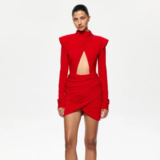 Cross border European And American Autumn And Winter New Fashion Temperament Half Turtleneck Pleated Design Solid Color Hollow Dress Women Red - Shop at LoveMi