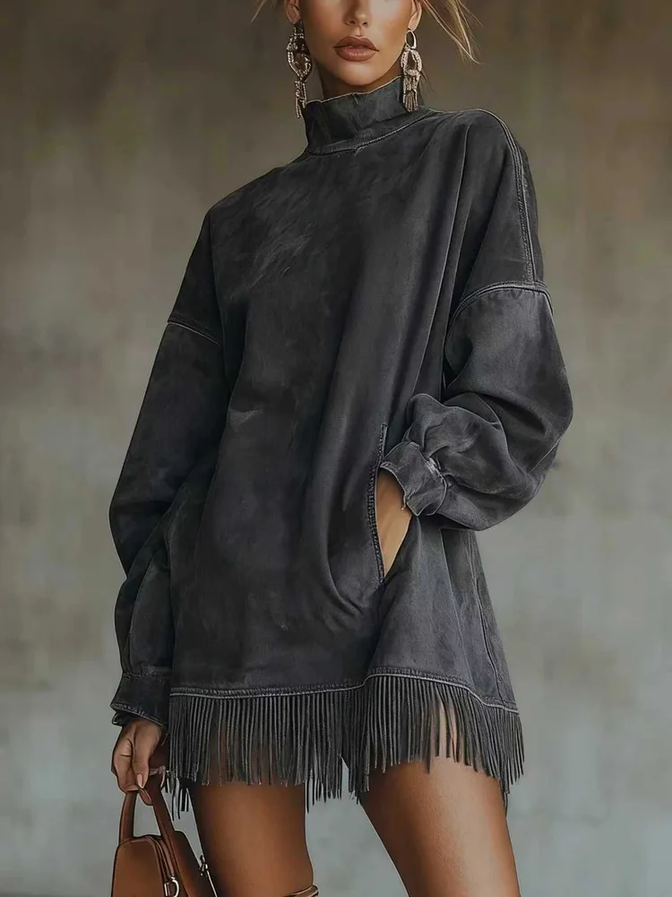 Loose Pockets Tassel Long Sleeve Suede Dress Dark Gray - Shop at LoveMi