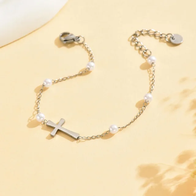 White Pearl Chain Bracelet Stainless Steel Cross Faith 4 Pearl Cross Bracelet - Shop at LoveMi