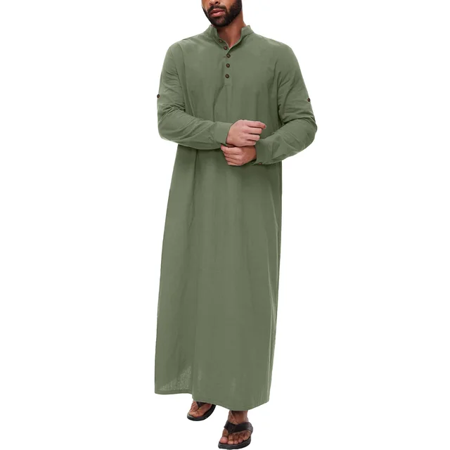 Simple Cotton And Linen Long Men's Stand Collar Button Muslim Robe Army Green - Shop at LoveMi
