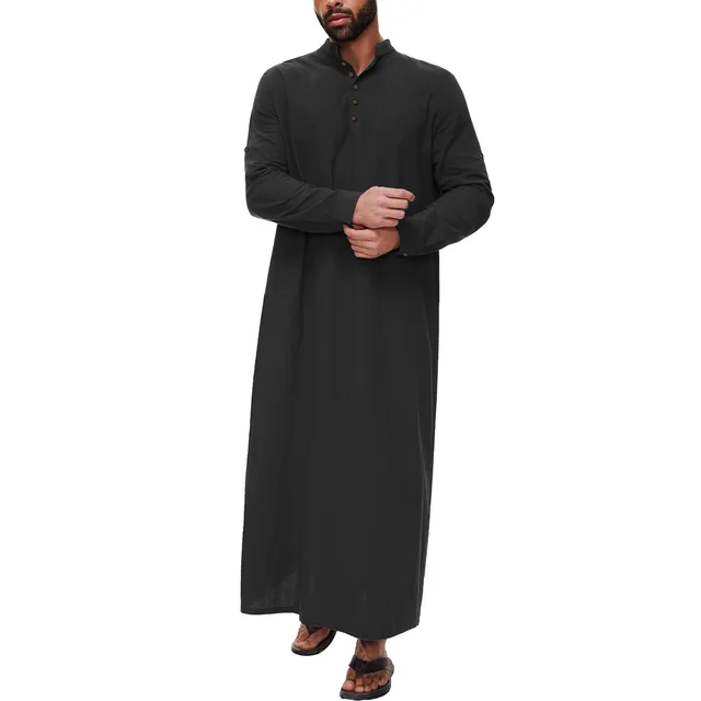 Simple Cotton And Linen Long Men's Stand Collar Button Muslim Robe Black - Shop at LoveMi