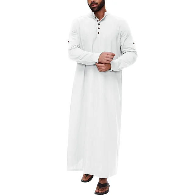 Simple Cotton And Linen Long Men's Stand Collar Button Muslim Robe White - Shop at LoveMi