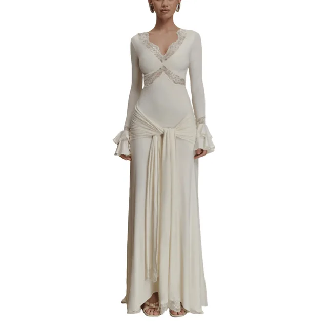 Lace Patchwork Flared Sleeves Ribbon Elegant Slim fit Dress White - Shop at LoveMi