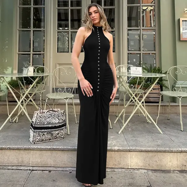 Fashionable Slim fit Creased Button Round Neck Sleeveless Dress Black - Shop at LoveMi