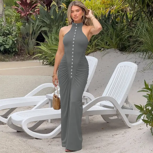 Fashionable Slim fit Creased Button Round Neck Sleeveless Dress Gray - Shop at LoveMi