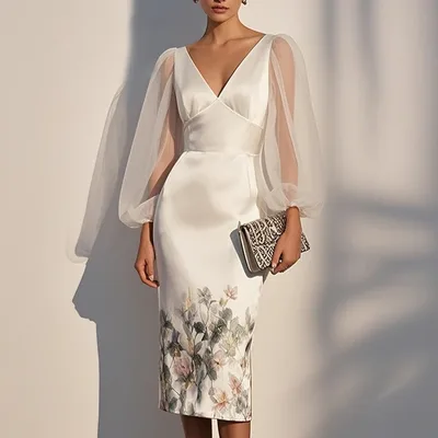 Mesh Stitching V neck Digital Printed Dress White - Shop at LoveMi