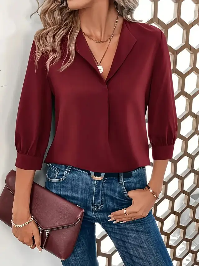 Women's Fashion Loose fitting Long Sleeves Shirt Wine Red - Shop at LoveMi