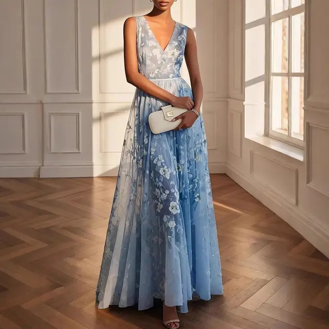 Elegant Digital Print Sleeveless Dress Blue - Shop at LoveMi