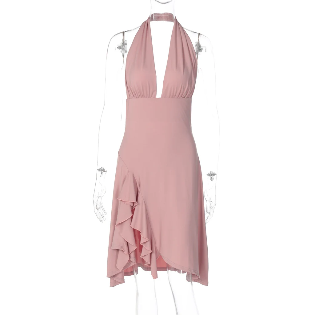 Women's Fashion Sexy Deep V Backless Waist Trimming Sheath Sleeveless Dress - Pink