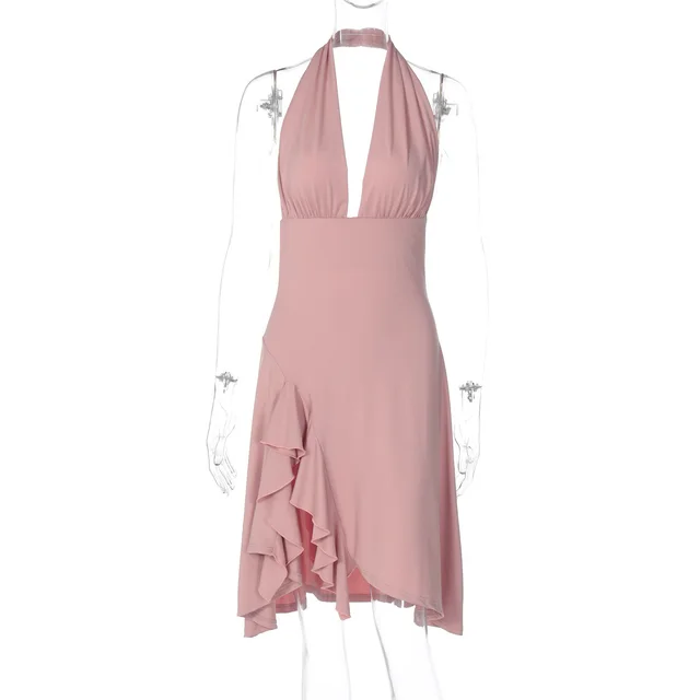 Women's Fashion Sexy Deep V Backless Waist Trimming Sheath Sleeveless Dress Pink - Shop at LoveMi