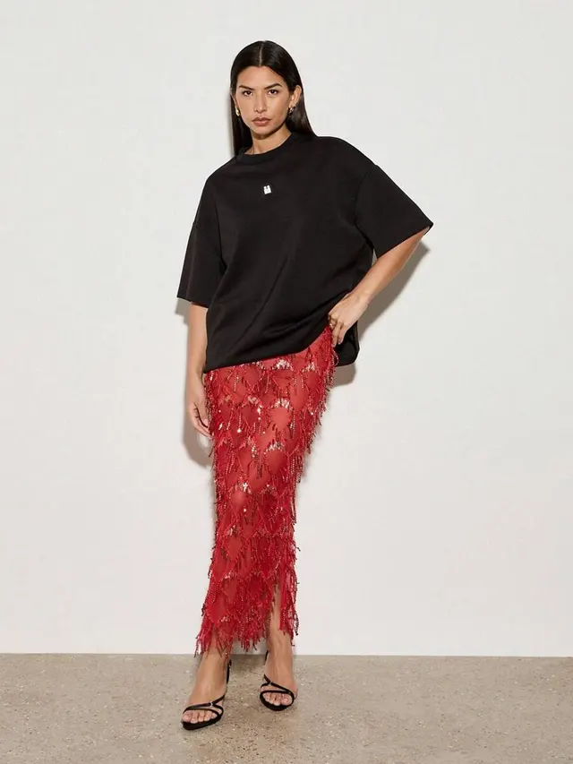 Sexy Sequined Tassel Sequins Skirt Red - Shop at LoveMi