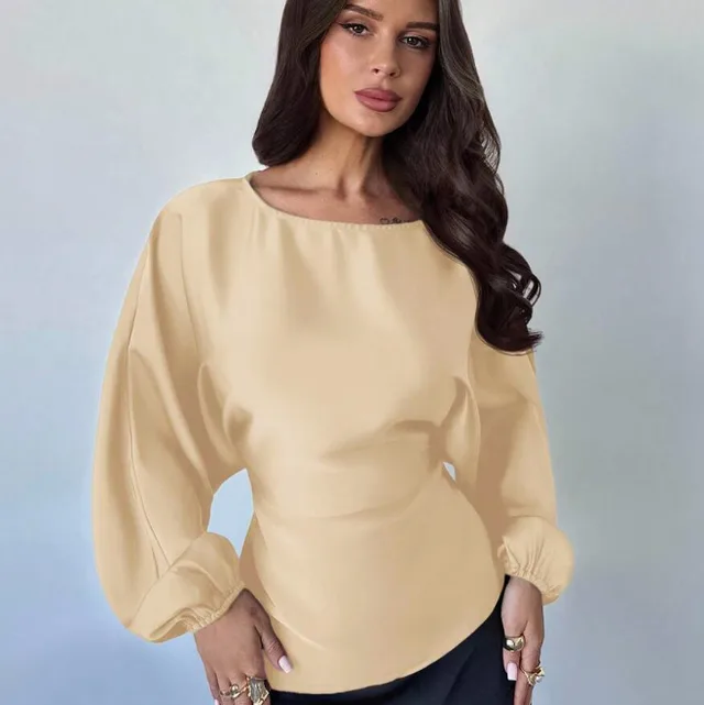 Casual Round Neck Lace up Waist Shirt For Women Khaki - Shop at LoveMi