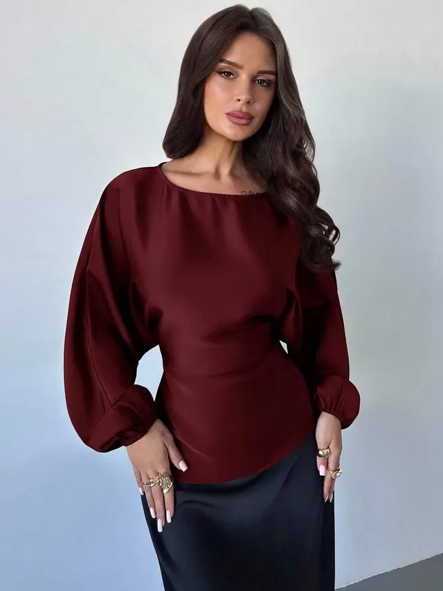 Casual Round Neck Lace up Waist Shirt For Women Wine Red - Shop at LoveMi