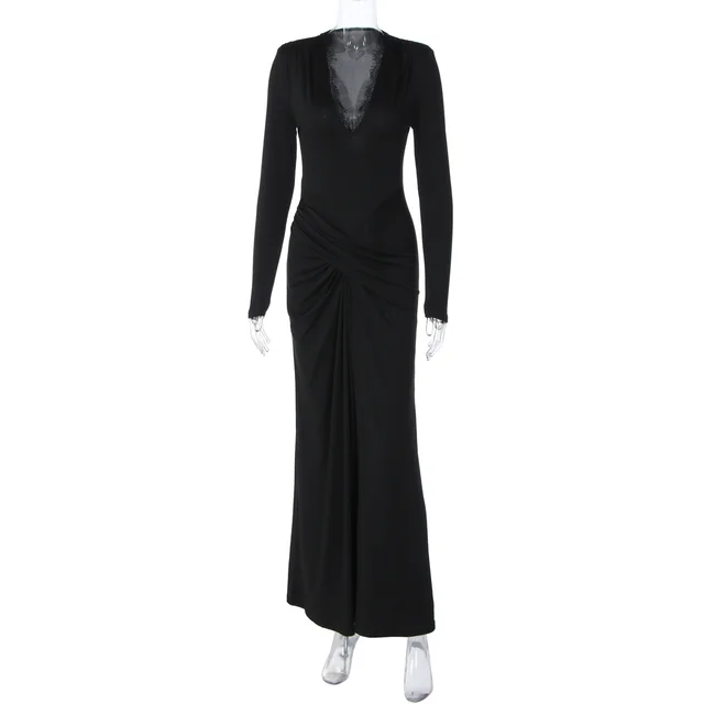 Fashionable Slim fit Tight Waist Twisted Solid Color Long sleeved Dress Black - Shop at LoveMi