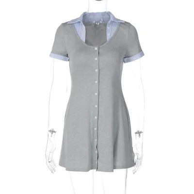 Fashion Cardigan Button Stitching Contrast Color Short Sleeve Dress Gray Grey - Shop at LoveMi