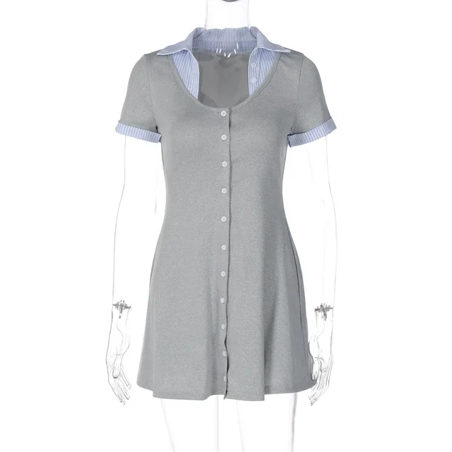 Fashion Cardigan Button Stitching Contrast Color Short Sleeve Dress Gray - Shop at LoveMi